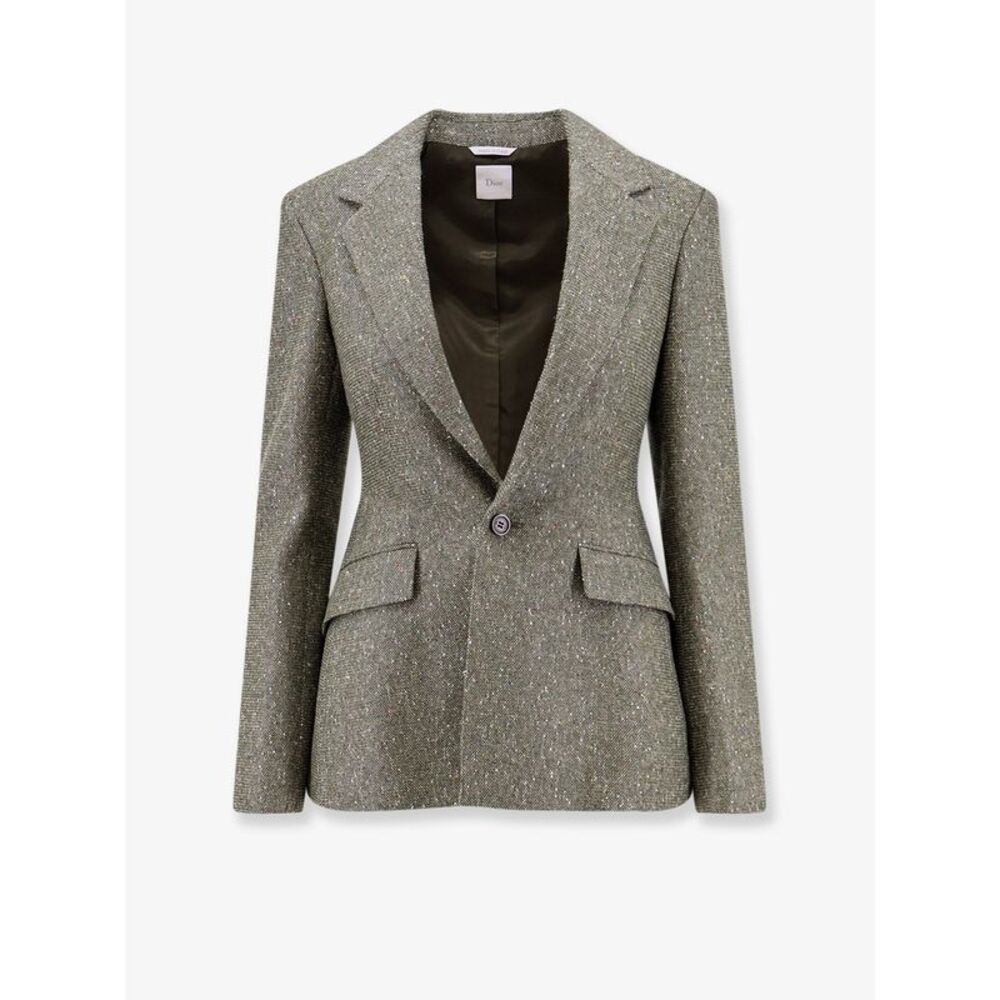 Dior Women Khaki Donegal Tweed Blazer With Multicolored Sequins Embroidery